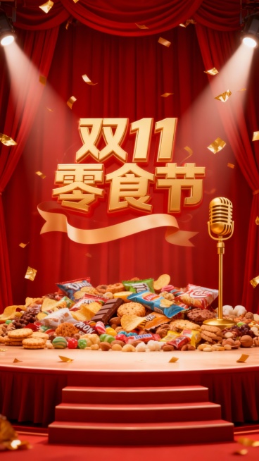 这是一张年货节促销海报，以红色幕布为背景营造舞台感。中央金色立体大字"双11零食节"搭配动态飘带装饰。图片上的物品调整为和舞台适配的比例，聚光灯打在物品上，右侧紧挨着金色麦克风图标，背景是拉开的红色幕预览效果