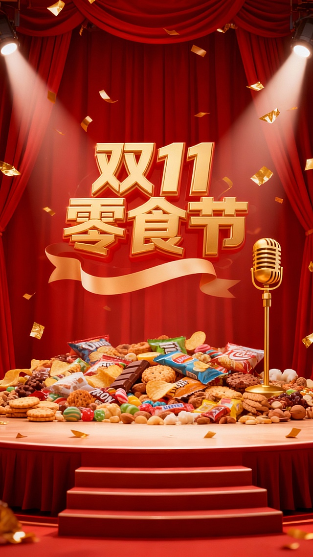 3D浮雕大字搭配鎏金金属风，舞台红幕与缤纷零食堆叠，综艺感十足，喜庆奢华氛围烘托双11零食节盛典。