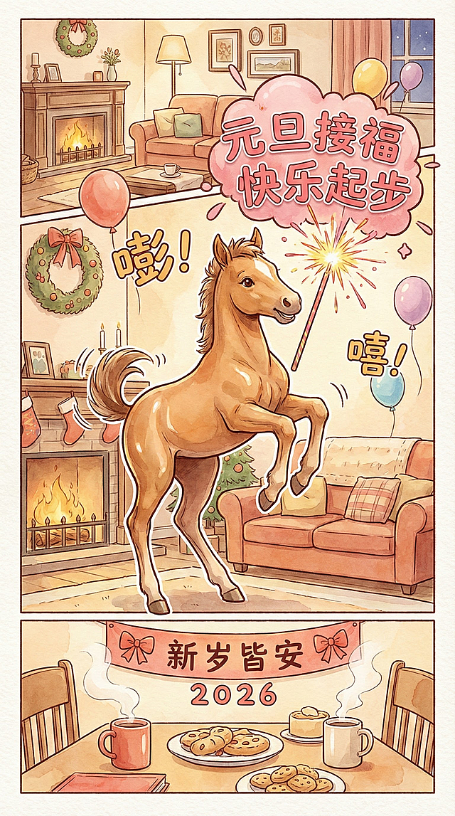 插画风漫画场景，水彩质感搭配描边线条，温馨客厅中骏马手持烟花跳跃，喜庆热闹。元旦接福主题，充满趣味与节日氛围，2026新岁皆安。