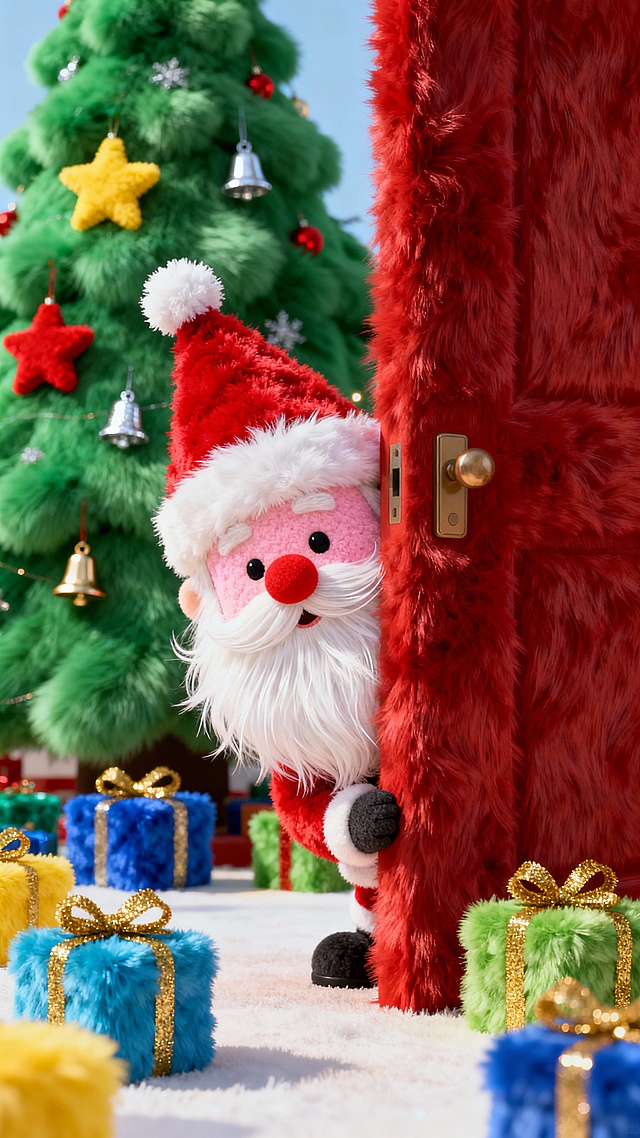 一个圣诞老人从红色的门后探出头来的特写，地上散落着色彩缤纷的礼物，背景远处还有一个巨大的圣诞树