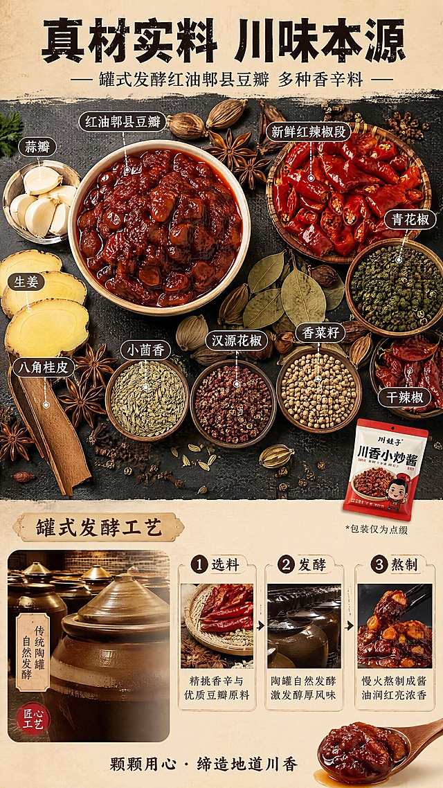 [第3张] 详情页原料工艺展示-川香小炒酱原料与罐式发酵工艺。本张为原料专张，不使用产品图作为主图，仅在角落点缀小包装。
[氛围/风格] 食材真实感+工艺信任感，微距摄影质感，接地气的家常风格。
[元素布局] 画面上半部分为原料平铺俯拍：红油郫县豆瓣（大颗粒蚕豆清晰可见，占画面约30%）、新鲜红辣椒段、青花椒、八角、桂皮、姜片、蒜瓣，各种香辛料散落在深色石质台面上，占主视觉约60%；下半部分左侧展示罐式发酵陶罐示意，右侧为工艺步骤小图；右下角点缀一小勺酱体；原料真实自然，颗粒分明有质感。
[光影质感] 顶部柔光均匀照射，豆瓣有油亮光泽，辣椒有新鲜水润感，整体明亮通透，食材细节清晰。
[配色色系] 全局底色 #F5E6D3（浅棕米）；主色 #B8860B（豆瓣酱棕红）+ #D62828（辣椒红）；辅助色深棕、青绿花椒色。
[视角构图] 上半部分俯拍原料平铺，下半部分平视工艺展示，阅读动线顶部标题 → 中部原料大图 → 底部工艺说明。
[文字版式] 顶部大标题「真材实料 川味本源」，深棕粗黑体；副标题「罐式发酵红油郫县豆瓣 多种香辛料」；原料区用引线标注「红油郫县豆瓣」「青花椒」「八角桂皮」等名称，白色字带深色底；底部三格工艺小图分别标注「选料」「发酵」「熬制」，每格配简短说明；文字清晰，原料元素大且占主画面。
[比例分辨率] 9:16竖版比例，4K分辨率，文字清晰可辨，高清画质。
[负向提示词] 原料不真实，颜色偏差，水印，文字过小，极限词违禁词，医疗化表述。