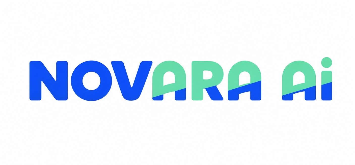 把原图中的文字替换成NOVARA AI，保留原logo蓝绿拼色的字体设计风格，保持白色背景，和原图排版结构一致预览效果