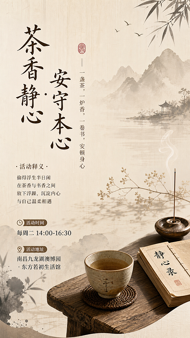 水墨禅意风格海报，原木古风背景，素雅浅咖色调，搭配茶盏、线香、古籍，背景带有山水剪影元素，营造静心品茶读书会宁静氛围感，添加文案：主标题"茶香静心 · 安守本心"，副标题"一盏茶，一炉香，一卷书，安顿身心"，活动释义"偷得浮生半日闲 在茶香与书香之间 放下浮躁，沉淀内心 与自己温柔相遇"，活动时间"每周二 14:00–16:30"，活动地址"南昌九龙湖澳博园·东方若初生活馆"