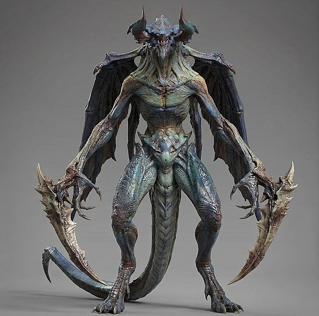 将怪兽调整为真实皮肤质感，把手修改为镰刀型武器，调整为全身正面姿态，保留原怪兽的整体造型和配色风格，整体为写实风格