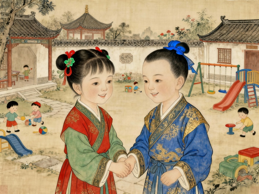 这两人是姐弟，生成手牵手的图预览效果