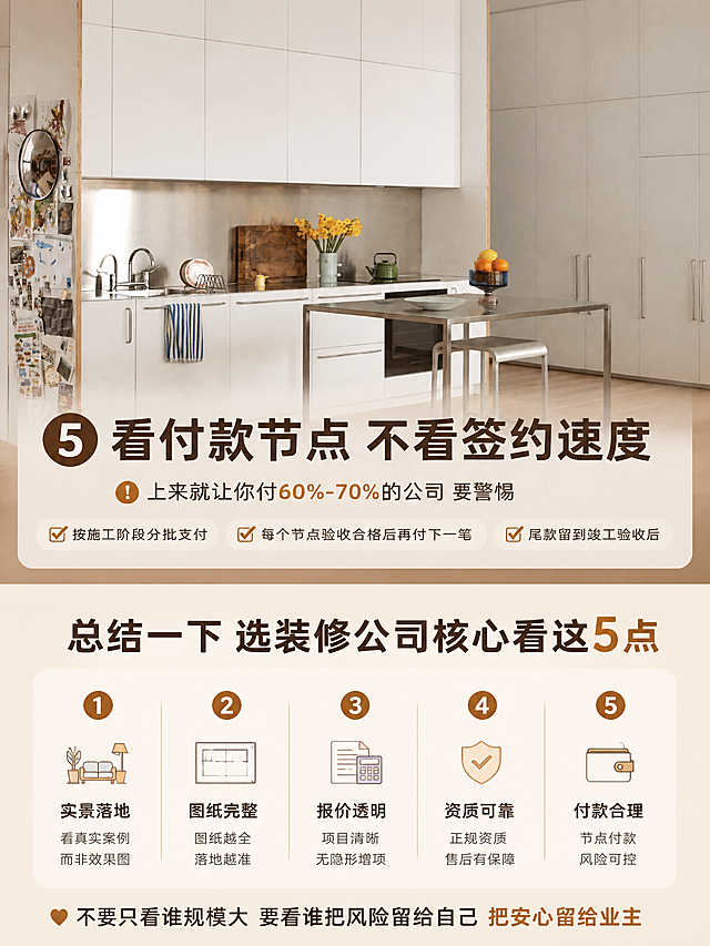[商品] 使用【图6】极简白色厨房实景图；保留白色整体橱柜、不锈钢 backsplash、金属餐桌、高脚凳、木地板、黄色鲜花、水果摆件等全部空间结构、颜色、材质和软装；空间真实自然，不改变家具位置和结构。
[画面] 页面目标：卖点⑤"看付款节点，不看签约速度"+全文5点总结收束。构图：上下分栏结构，上半部分约45%为厨房实景+付款节点卖点，下半部分约55%为5点总结清单。阅读动线从上到下，先看付款要点再看总结回顾。前景为金属餐桌和水果，中景为橱柜和台面，后景为高柜延伸。
[视觉] 套系策略：风格=小红书高级感家居图文详情页，中古风温暖质感；标题字=粗黑体大号醒目；正文字=简洁无衬线体；主色=原木暖棕+奶油米白；背景延展=基于木色和米白做深浅层级、同色系渐变和细腻纸张/肌理质感；强调色=焦糖橘棕色，仅用于小面积图标、序号圆点和重点标签；标题色=深炭棕；正文色=暖中灰；组件=圆角信息卡、细线分隔、序号圆点图标；光影=自然暖光，顶部柔和筒灯光，空间干净明亮有层次。
[文字] 上半部分叠加在厨房实景下半部蒙层上：大号序号"⑤"+主标题"看付款节点 不看签约速度"，副标题"上来就让你付60%-70%的公司 要警惕"，下方3个带对勾的横排列项："按施工阶段分批支付"、"每个节点验收合格后再付下一笔"、"尾款留到竣工验收后"。下半部分米白色背景区：大标题"总结一下 选装修公司核心看这5点"，下方5个横排带序号的要点：①实景落地 ②图纸完整 ③报价透明 ④资质可靠 ⑤付款合理，底部金句"不要只看谁规模大 要看谁把风险留给自己 把安心留给业主"。文字全部横排。
[规格] 图片比例3:4竖版，4K分辨率，负向提示：避免变形、错字、文字过小、冷蓝色调、空间结构错乱、家具变形、竖排文字、二维码、站外联系方式。