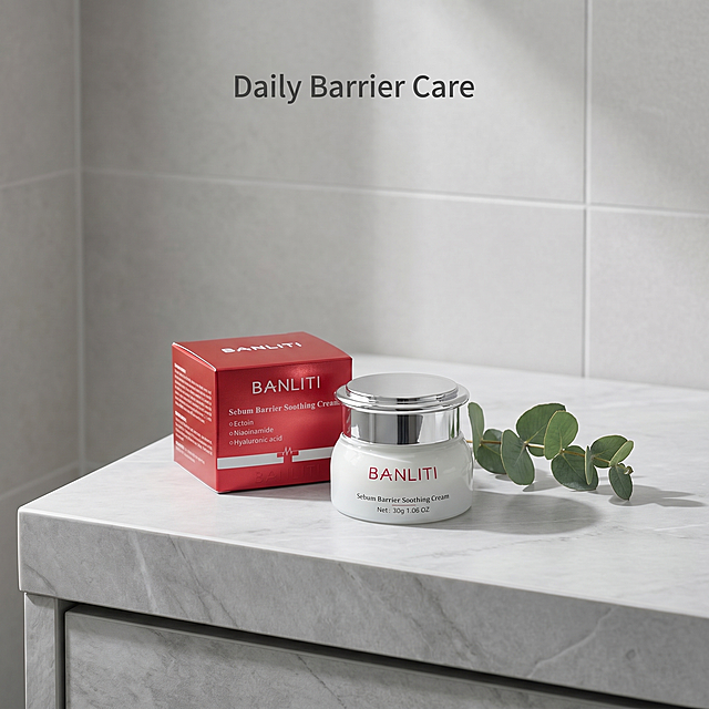 [主图 5] Sebum Barrier Soothing Cream使用场景展示
[氛围风格] 高级简约，现代轻奢生活场景感
[画质] 商业摄影质感，光线柔和通透，产品清晰真实，画面干净高级
[元素] BANLITI面霜放置在现代简约浴室洗手台边缘，保持产品外观与输入参考图绝对一致，无变形色差。背景是浅灰色大理石纹理台面和干净瓷砖墙面，旁边点缀一片新鲜尤加利叶作为自然装饰，不抢占产品主体焦点。产品主体占画面约65%，自然融入场景，传递日常护肤使用感。顶部添加简洁文字"Daily Barrier Care"，不遮挡产品
[光影] 柔和自然光从侧面照射，营造通透干净氛围，产品轮廓清晰，环境光影自然柔和
[配色] 低饱和浅灰调，产品红色品牌文字作为视觉点缀，整体简约高级
[视角构图] 略微俯视平视角度，产品偏右下位置，左侧预留自然空间，构图舒适平衡
[文字版式] 顶部负空间文字居中，简洁小号无衬线字体，深灰色清晰不突兀
[比例分辨率] 1:1比例，2048x2048px，2k分辨率，文字清晰可辨，超高清
[负向提示词] 变形，水印，文字错乱，场景杂乱，多余道具，夸大宣传，中文