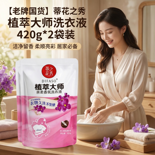 我是网店卖家，产品是我是网店卖家，产品是老品牌国货,蒂花之秀驰名商品袋装洗衣液，洗衣洁净，香味持久，根据你的经验帮我生成一个电商主图，提升一些洗衣液主体质感，切记不要出现网络违禁词,略微提升质感包装袋预览效果