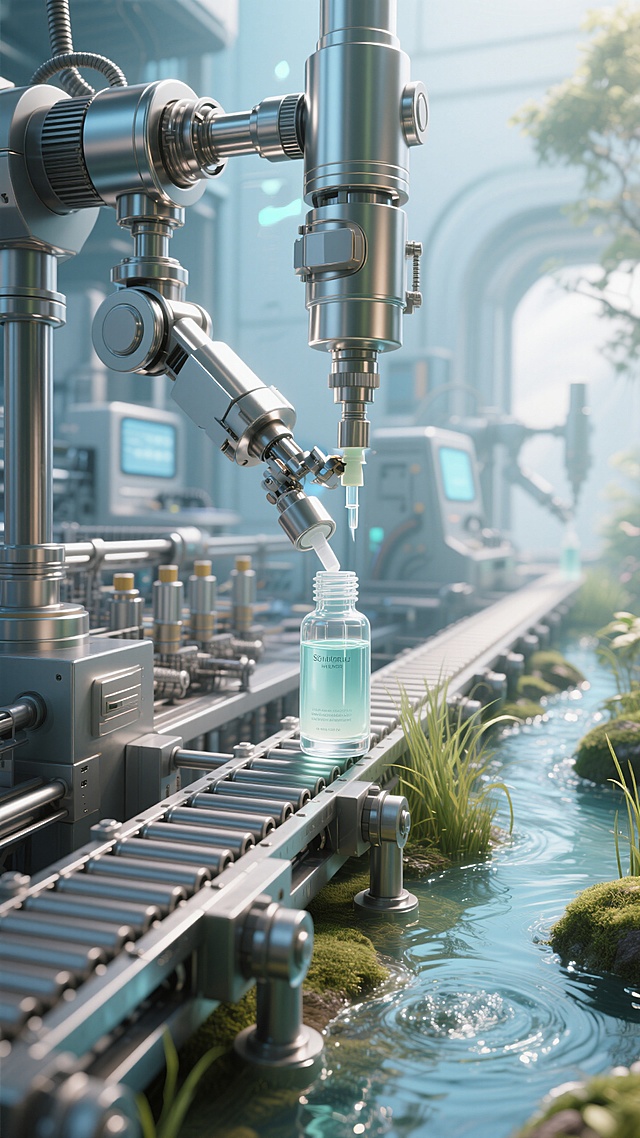化妆品实验室灌注环节的机器特写，机器下是一条工业化生产流水线，一瓶精华正在被灌装；周围有小溪流过。梦幻场景