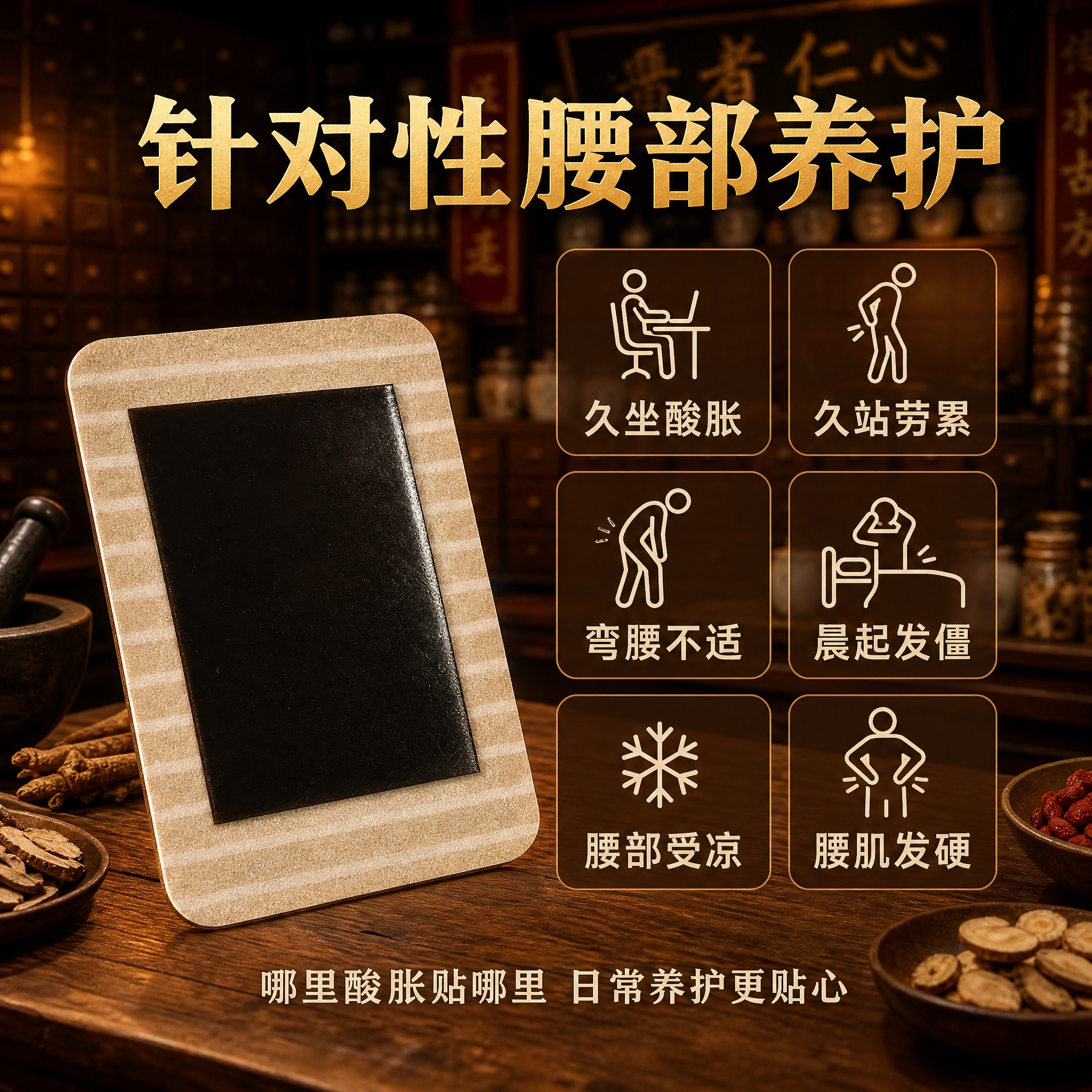 淘宝电商主图第二张，1:1比例，仲医筋骨贴核心卖点信息图。画面… - 图片创意预览