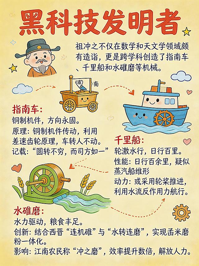 可爱手绘涂鸦笔记风格信息图，主题是祖冲之的发明创造，标题“黑科技发明者”，包含文字内容“祖冲之不仅在数学和天文学领域颇有造诣，更是跨学科创造了指南车、千里船和水碓磨等机械。指南车：铜制机件，方向永固。原理：铜制机件传动，利用差速齿轮原理，车转人不动。记载：“圆转不穷，而司方如一”。千里船：轮激水行，日行百里。性能：日行百余里，疑似蒸汽船雏形，动力：或采用轮桨推进，利用水流反作用力航行。水碓磨：水力驱动，粮食丰足。创新：结合西晋“连机碓”与“水转连磨”，实现舂米磨粉一体化。影响：江南农民称“冲之磨”，效率提升数倍，解放人力。”，配上对应发明的简笔画，采用儿童手绘手账笔记插画风格，彩色马克笔手绘，线条略带粗糙不规则的手绘感，轻松充满童趣的科普教育氛围，竖版构图，淡黄色背景，温暖复古的手绘色彩系，主色调包含砖红色、明黄色、草绿色、天蓝色，色彩丰富温和，模仿马克笔晕染质感，包含简单可爱扁平化涂鸦，部分元素拟人化带有笑脸，使用大量手绘箭头虚线波浪线链接信息模块，空白处点缀随性涂鸦装饰物，所有文字都是手写体风格，核心大标题是彩色大号粗体手写体，次级说明文字用较小的蓝色或黑色手写字体，图文并茂，把知识点拆解为带插图的小板块，呈现结构化思维导图，排版错落有致，手账随性风格，保留呼吸感