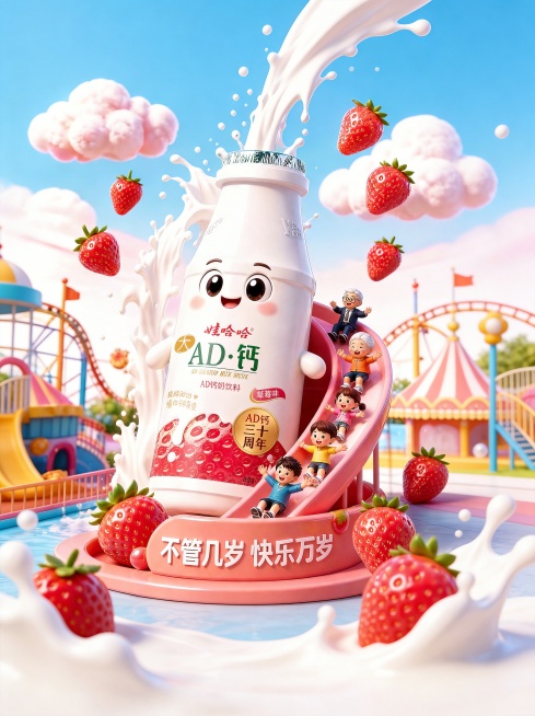 去掉所有写着钙、能量、蛋白质、钠、维生素A、碳水化合物、脂肪的透明泡泡，保留其他所有元素和整体3D卡通风格，不改变其他内容预览效果