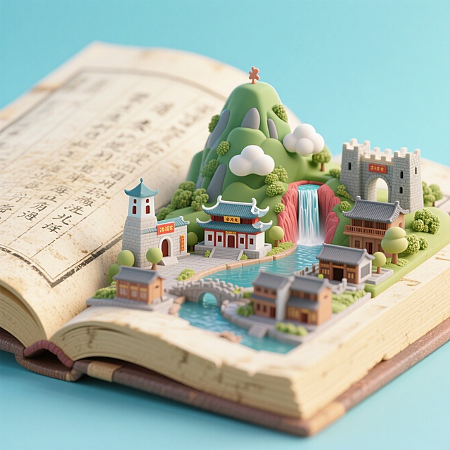 一本打开的古代书籍，书是打开的，书上是贵州遵义城市景观微缩模型，有遵义凤凰山，遵义会议会址，海龙屯，乌江寨，赤水丹霞大瀑布，赤水河，丙安古镇，土城古镇，整体画面生动，色调温暖明快，充满活力与朝气，具有梦幻感，背景为浅青蓝渐变。