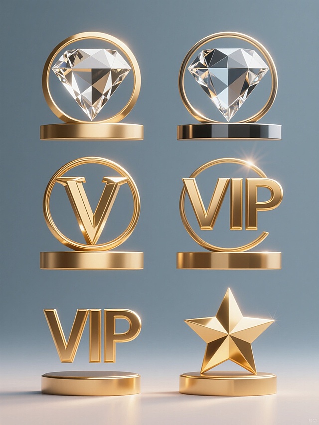 一系列6个不同配色、不同样式、不同材质的「VIP」造型规整排布，整体造型简约现代，采用纯色背景，无任何文字、logo及水印。每个「VIP」造型均具有3D立体效果，主体为钻石切割面样式的「V」字，外层环绕金色环形装饰，底部衬以金色五角星轮廓底座，表面呈现出光滑细腻的渐变光泽，光影过渡自然柔和，高光处明亮耀眼，阴影部分层次分明，整体质感奢华精致，设计感十足。