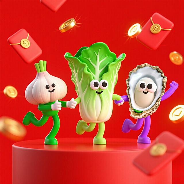 3个角色一起手拉手+左抬腿：1、拟人的白菜；2、拟人的大蒜；3、拟人的生蚝。在一个红色展台上，背景充满着红包和金币