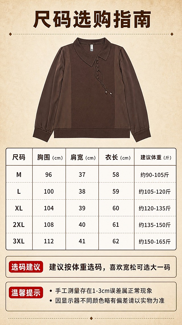 [商品] 使用【图1】棕色不规则翻领拼接长袖针织衫平铺正面图作为尺码页产品展示；商品处理：保留整体版型、颜色、结构；自然去皱，平整展示，增强清晰度，不改变版型。
[画面] 目标：尺码信息+选购指南页，清晰展示尺码表和选码建议。构图：竖版9:16，上方为棕色款针织衫平铺缩小图（占画面25%，居中），中间为清晰的尺码表格，下方为选码建议和温馨提示。背景：浅棕色纸张质感背景，简洁干净，表格区域为白色底棕色边框，清晰易读。
[视觉] 套系策略：风格=拼多多接地气高级感商业摄影；标题字=粗黑体醒目大字；正文字=清晰无衬线体；主色=深棕色；背景延展=基于棕色做浅棕纸张质感、同色系层次；强调色=大红色，仅用于重点提示和标签；标题色=深棕色；正文色=深褐色；组件=尺码表格、选码提示框、分隔线；光影=均匀柔光，清晰明亮。
[文字] 主标题"尺码选购指南"（顶部居中，棕色粗体）；尺码表含列：尺码（M/L/XL/2XL/3XL）、胸围、肩宽、衣长、建议体重（用"约"字保守表达，如M码约90-105斤）；选码建议："建议按体重选码，喜欢宽松可选大一码"；温馨提示："手工测量存在1-3cm误差属正常现象""因显示器不同颜色略有偏差请以实物为准"。文字全部横排，表格字号清晰手机可读。
[规格] 图片比例9:16竖版，4K，避免变形、错字、文字过小、冷蓝色调、衣服颜色改变、拼多多logo/水印、绝对化用语。