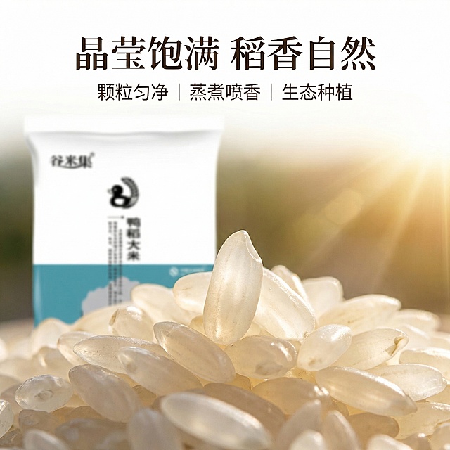 [垫图] https://gdesign-dam-hz.dancf.com/35918441395116088/b13cd88a89b84fd79fa89d4cb99fc92a.png
[主图主题] 鸭稻大米米粒细节展示主图
[氛围/风格] 微距特写质感，自然通透，突出大米新鲜度
[画面元素] 袋装产品作为背景，前景特写放大晶莹饱满的鸭稻大米米粒，展示米粒匀净通透的细节纹理，自然阳光从侧方照射，凸显米粒光泽质感，背景虚化突出米粒细节，画面干净不杂乱
[配色色系] 主色调：米粒晶莹米白色；辅助色：浅灰色背景、产品包装蓝调
[视角构图] 俯视微距特写，前景米粒、背景产品，层次分明
[文字版式] 顶部主标题“晶莹饱满 稻香自然”，下方用三个小字卖点“颗粒匀净 | 蒸煮喷香 | 生态种植”排列，文字均悬浮在画面顶部留白区域，不遮挡核心细节
[比例分辨率] 2k 分辨率