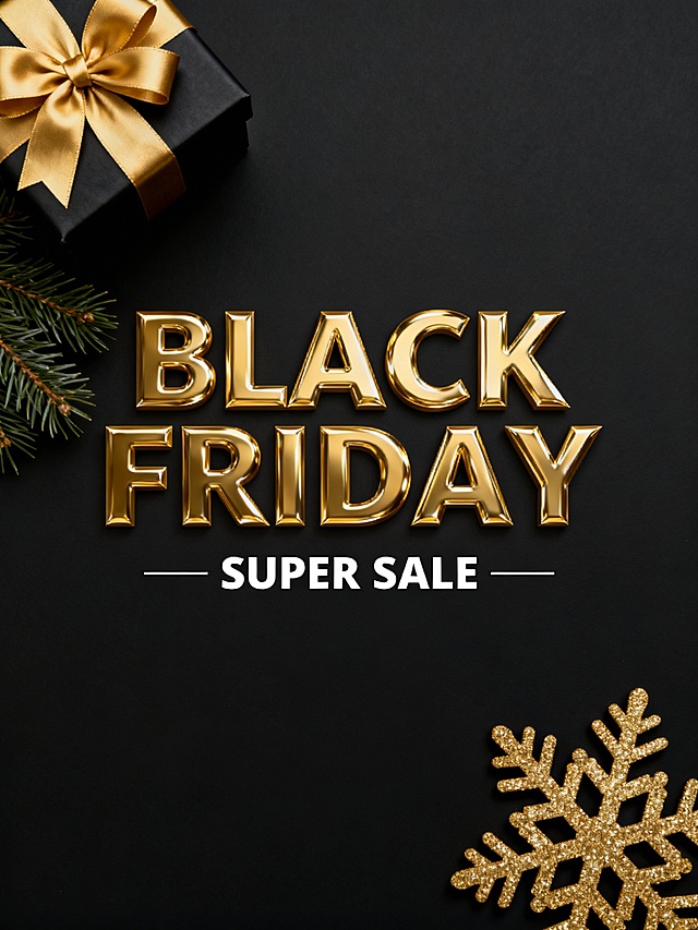 黑色背景上，中央是金色立体光泽感的"BLACK FRIDAY"大字，下方是较小的"SUPER SALE"白色文字，左侧有金色蝴蝶结装饰的黑色礼物盒和松枝，右下角有金色雪花装饰，整体呈现奢华促销氛围，视觉层次分明，金色与黑色形成强烈对比，突出节日促销主题。
