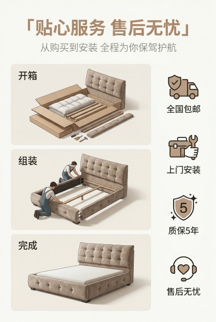 画布比例严格2:3竖版，严格还原上传的产品图，包括产品造型等所有细节，产品尺寸比例保持1:1。主视觉：服务保障可视化信息图，左侧为产品安装流程分镜（3格小分镜：开箱→组装→完成），右侧为服务承诺图标+预览效果