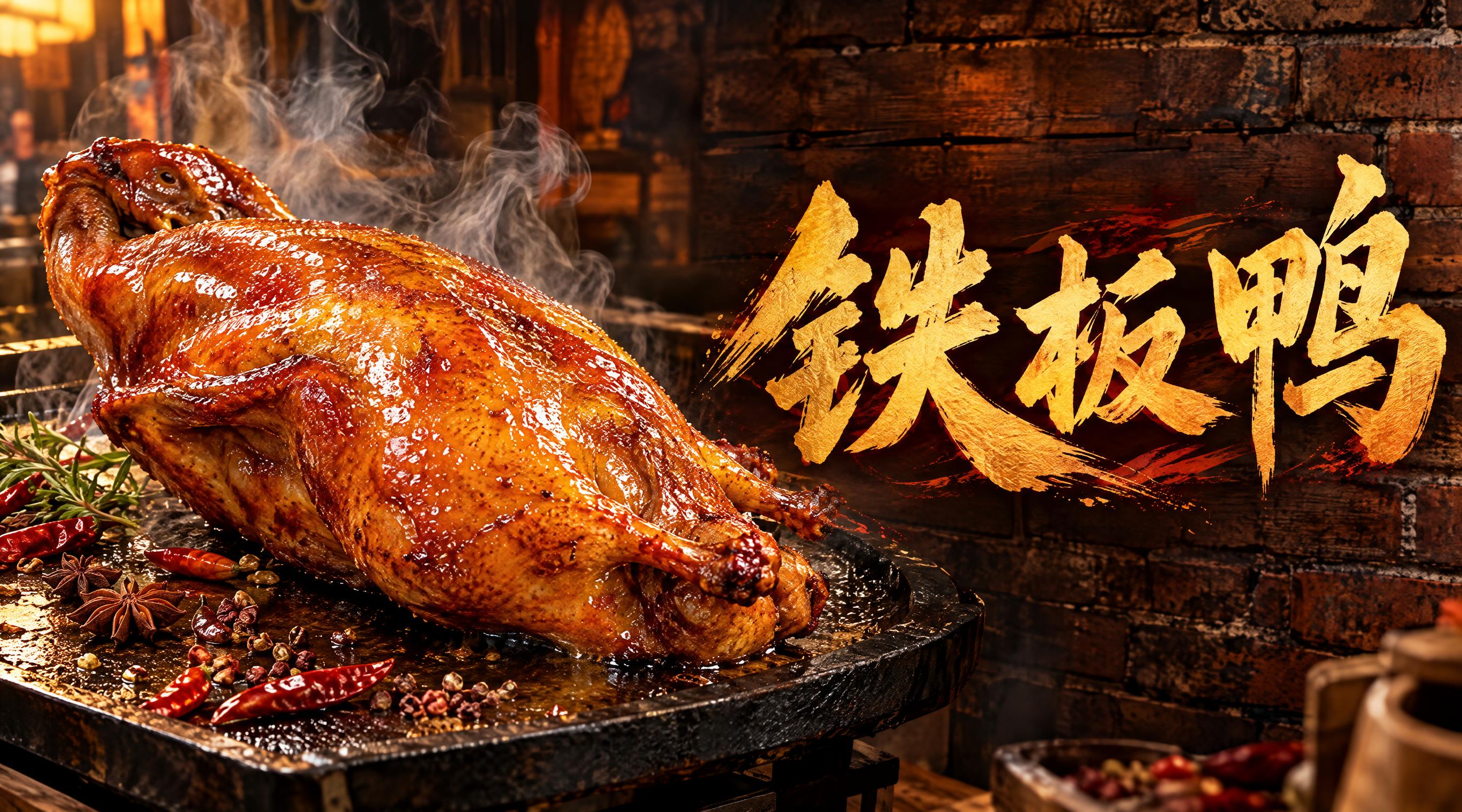 铁板鸭店招横幅设计，横版构图，画面左侧是一只金黄酥脆的铁板烤鸭… - 图片创意预览