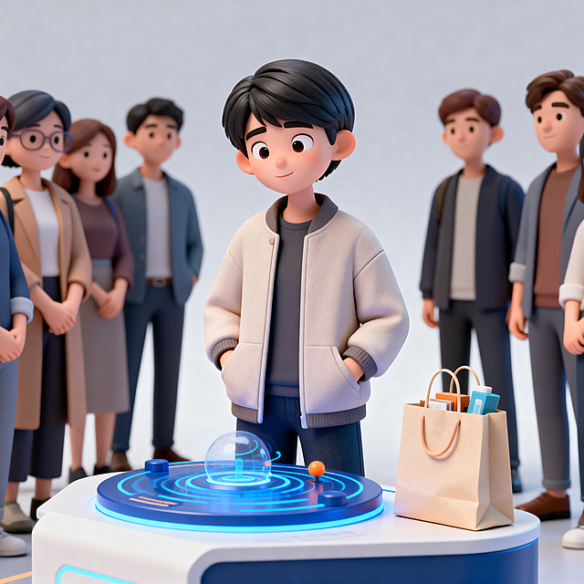 沉稳理性的年轻中性形象人物，短发利落，穿着简约休闲外套，站在科技馆展位前。面前是一个新奇的互动装置，人物双手插在口袋里身体站直，微微歪头打量装置，眼神带着欣赏但不过度兴奋。旁边放着一个装有其他物品的购物袋，身后展位有其他人围观，人物保持适度距离，表情平静从容。背景为极简纯色，淡灰色渐变搭配装置科技蓝与购物袋暖米色点缀，整体氛围沉稳从容。趣味3D插画风格，C4D渲染，OC渲染，Blender建模，柔软光线，马卡龙色系，光滑黏土材质，影棚打光，超细节，人物居中半身呈现