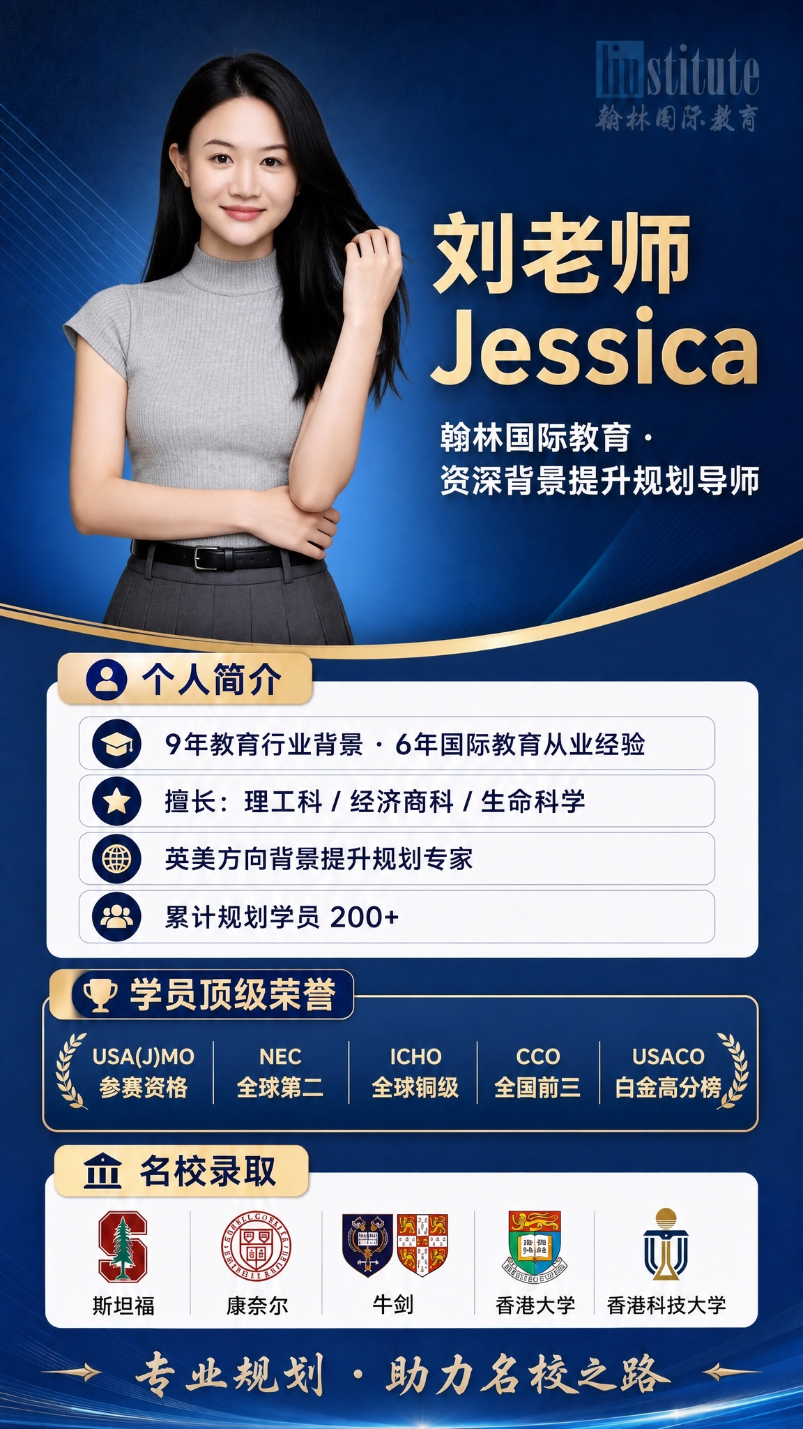 参考图1的海报版式结构和深蓝金配色风格，生成一张新的个人形象介… - 图片创意预览