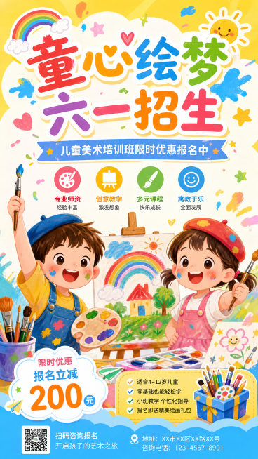 美术培训机构六一儿童节招生促销宣传课程营销童趣感竖版海报预览效果