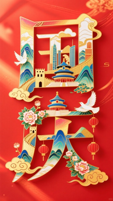 字体设计，“国庆”字笔画进行解构用元素拼接而成，文字笔画填充建筑（长城、山脉、故宫、天坛、城楼、高楼大厦等）、鲜花、灯笼，白鸽点缀，光影交织，边缘环绕着金色的祥云，红色背景预览效果