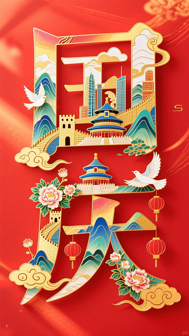 国潮风大字“国庆”融合剪纸与浮雕技法，鎏金质感搭配中式建筑、祥云花鸟，喜庆热烈，尽显民族韵味与节日氛围。