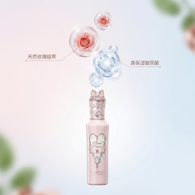 [主图 2] 花知晓隔离乳核心成分解析
[氛围风格] 纯净自然，通透水润科技感
[画面元素] 商业摄影质感，光线柔和通透，产品清晰真实，画面干净高级。粉色隔离乳瓶身放置在画面底部中心，画面上方悬浮真实预览效果