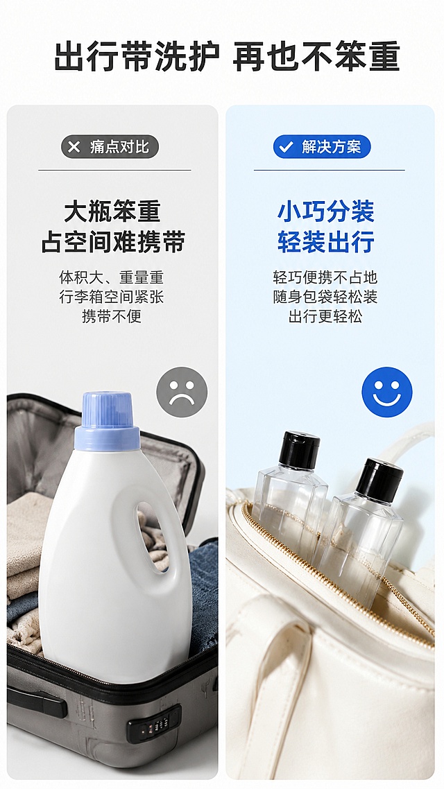 使用商品详情页技能根据商品图「图片1」「图片1」「图片1」「图片1」「图片1」「图片1」生成详情页，参考图为，商品名称为六角分装瓶便携式旅行瓶，卖点为小容量分装内衣洗衣液瓶，适配平台为1688，图片比例为9:16，需求屏数为8张，