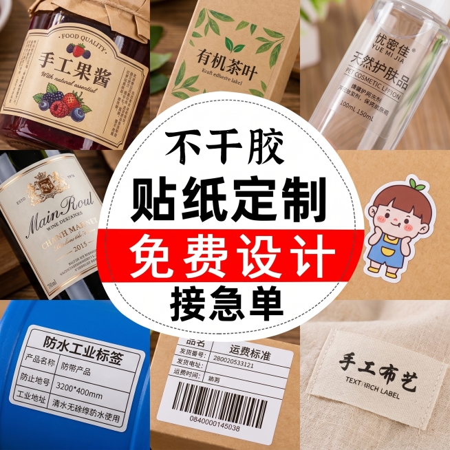参考图片风格，重新生成不干胶贴纸定制的宣传图，包含多张不同样式不干胶贴纸展示，中心圆形区域标注“不干胶贴纸定制 免费设计 接急单”，保持原图整体排版和风格预览效果