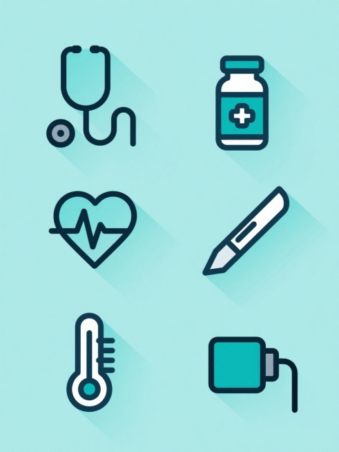 一组6个完全不同医疗健康类目的图标集合，采用统一的简约扁平风格，每个图标具有清晰的线条轮廓、简洁的色块填充和轻微的渐变阴影效果，整体画面色彩变换为清新的蓝绿色调，所有图标规整地排布在纯色背景上，类目分别为：听诊器、药瓶、心电图、手术刀、温度计、血压计。预览效果