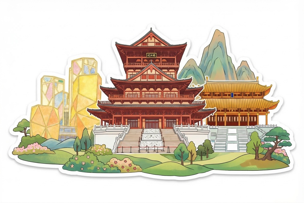 将三张图里的建筑融合在一起，整体为贴纸风格，点缀添加自然植物和山峦，保留原建筑特征，整体协调统一预览效果