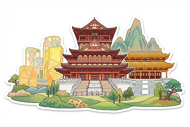 将三张图里的建筑融合在一起，整体为贴纸风格，点缀添加自然植物和山峦，保留原建筑特征，整体协调统一