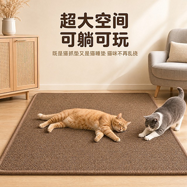 [主图-2] 核心亮点 超大空间可躺可玩 既是猫抓垫又是猫睡垫
[统一基调] 暖调奶油米白主背景 浅棕咖色辅助色 深棕标题字色 圆润亲和无衬线粗体 圆角卡片 自然窗光柔光 家居温馨质感
[画面] 温馨卧室场景 浅米色墙面 浅木色地板 画面下半部分大面积铺展棕色仿剑麻猫抓垫 展示超大尺寸 产品占画面约70% 一只胖橘猫正慵懒地侧躺在垫子上 身体完全舒展 旁边还有一只英短猫在垫子边缘磨爪子 背景左侧有藤编柜门的浅木色斗柜 柜上放白色陶瓷花瓶和干花 右侧有浅灰色布艺单人椅 整体画面突出产品超大空间感
[光影质感] 顶部柔和漫射光 猫抓垫表面纹理清晰 猫咪毛发层次分明 垫子边缘锁边做工精致 与地板自然贴合无悬浮
[配色] 主背景奶油米白色 产品深棕色 标题深咖啡色 辅助文字浅棕色 保持整套统一色板
[文字版式] 画面上方居中大标题两行 第一行"超大空间" 第二行"可躺可玩" 标题下方小字说明"既是猫抓垫又是猫睡垫 猫咪不再乱挠" 文字放在上半部分负空间 不遮挡猫咪和产品主体
[输出要求] 1:1正方形比例 文字清晰可读 产品清晰不变形 无水印 无平台Logo 无多余杂物