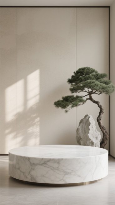 画面中央为圆形白色大理石展台，台面光滑有自然纹理，展台后方是新中式风格的浅米色磨砂质感墙面，墙面左侧有几缕柔和的斜射阳光形成光影层次。展台右侧摆放着一块形态自然的浅灰色岩石，岩石旁有一株枝干苍劲的青松，松针翠绿茂密，整体画面色调以米色、浅灰、墨绿为主，营造出宁静雅致的新中式氛围，光线柔和，阴影过渡自然，空间感通透，具有简约禅意的设计感。预览效果