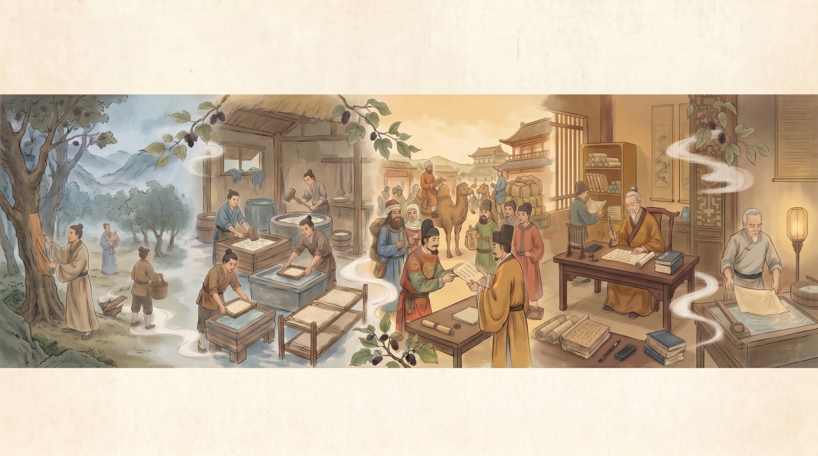 去除外面的卷轴边框，将内部手绘长卷内容放大填充至整个画面，保留全部内容、风格和桑皮纸纹理，保持2560 × 1260px尺寸预览效果