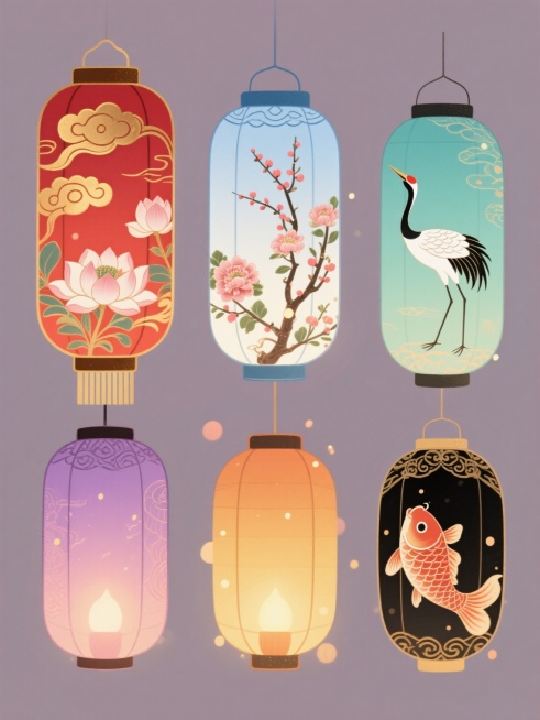 六个不同配色、不同国风造型的手绘风格灯笼素材集合，每个灯笼均有独特的传统纹样（如祥云、莲花、牡丹、梅花、仙鹤、锦鲤），分别采用红金、蓝白、青绿、紫粉、橙黄、墨黑配色，灯笼内有温暖光源透出，周围点缀少量光斑，整体呈半透明质感，所有灯笼规整排列在纯色背景上，保持一致的手绘插画风格和立体感。预览效果