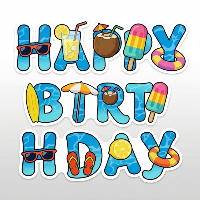 参考图中蓝色水纹字体+夏日元素嵌入的风格，生成HAPPY BIRTHDAY卡通贴纸，融入柠檬饮料、游泳圈、椰子、冰棍元素，保持粗黑描边、明亮配色预览效果