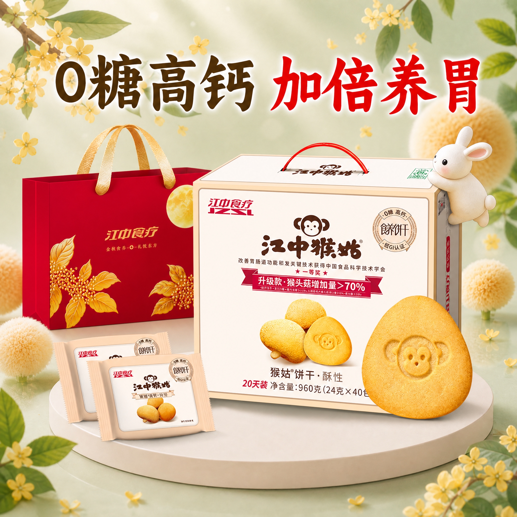 在这张江中猴姑0糖饼干的主图中，将红色的江中食疗中秋礼袋（金色… - 图片创意预览