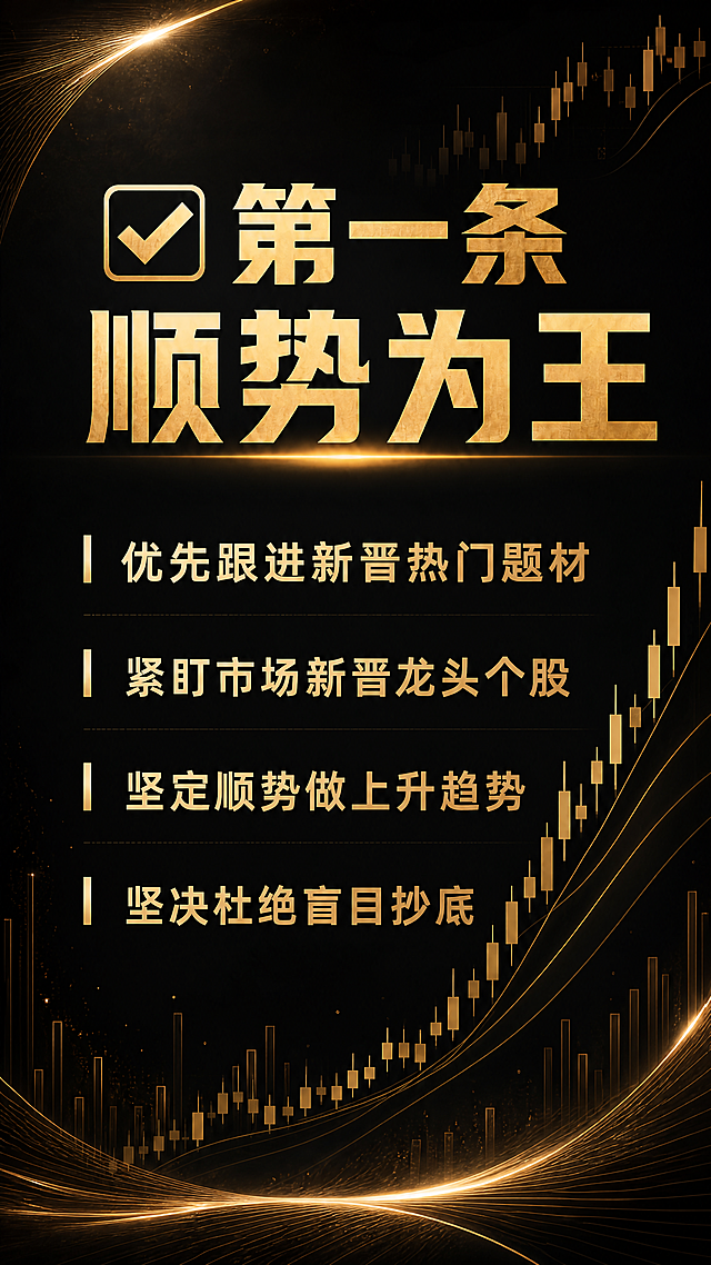 保持原有文字内容和字体样式不变，只替换背景为提供的黑金K线流动背景图，文字依然是鎏金暗金色粗体醒目，排版不变，标题为"✅第一条 顺势为王"，内容为"优先跟进新晋热门题材
紧盯市场新晋龙头个股
坚定顺势做上升趋势
坚决杜绝盲目抄底"，整体高级冷调沉稳干货气场拉满