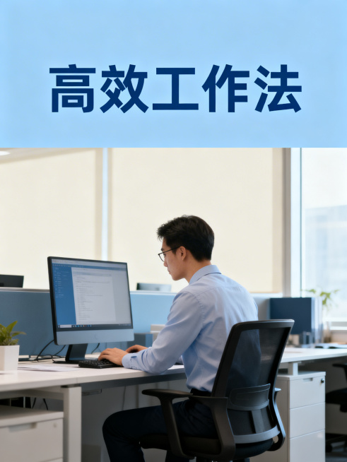 简约高级蓝色系职场成长干货封面，背景为办公室场景，有一位白领在电脑前工作，封面上方标注标题"高效工作法"，整体风格简约高级预览效果