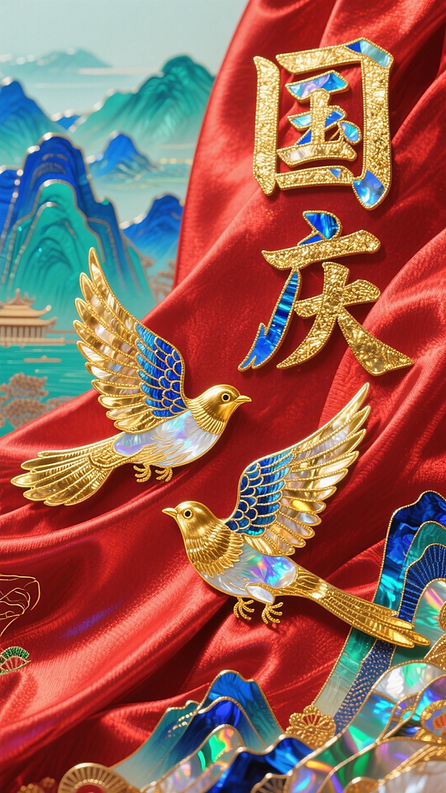 国潮风融合鎏金与刺绣工艺，红绸浮雕质感衬托金色飞鸟，山水意境点缀，尽显中式奢华与喜庆氛围。