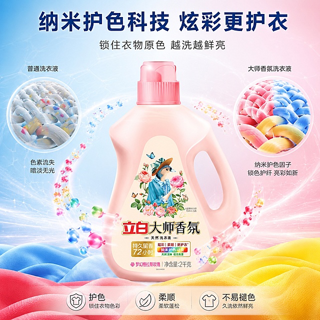 [主图-3] 立白大师香氛洗衣液纳米护色科技机理图
[氛围风格] 轻科技感 洁净专业 可信高级
[画质] 商业摄影质感 光线干净明亮 产品清晰真实 科技机理可视化
[元素] 粉色洗衣液瓶位于画面中央 占比约55% 保持产品外观与输入图完全一致。瓶身周围环绕纳米级护色因子可视化效果 无数微小的彩色球形粒子（红 黄 蓝 绿代表衣物纤维颜色）被一层透明保护膜包裹 围绕瓶身旋转流动。画面左右两侧各有一组对比示意 左侧为普通洗衣液洗涤后 衣物纤维颜色暗淡脱落 右侧为纳米护色科技洗涤后 衣物纤维色彩鲜亮饱满 表面有一层透明保护膜。底部有柔软的彩色衣物布料（红 蓝 黄三色）作为前景 布料蓬松有光泽。背景为浅蓝到浅粉渐变 带有科技网格线纹理 非常淡。
[光影] 正面均匀柔光 瓶身有清晰高光 护色粒子有自发光效果 衣物布料有柔和的纤维光泽 整体明亮干净
[配色] 主色调浅粉 浅蓝 辅助色多彩粒子色 白色 金色点缀
[视角构图] 平视正面视角 产品居中 左右对称对比构图 景深中等 背景简洁突出机理效果
[文字版式] 顶部居中大标题"纳米护色科技 炫彩更护衣" 深蓝色粗体 最大号。主标题下方副标题"锁住衣物原色 越洗越鲜亮" 深灰色 约一半大小。左右对比图上方分别标注"普通洗衣液"和"大师香氛洗衣液" 小字。底部三列小图标+文字 左"护色" 中"柔顺" 右"不易褪色" 深灰字 现代无衬线字体
[输出要求] 1:1比例 文字清晰可辨 超高清商业摄影质感
[负向提示词] 变形 文字错乱 产品图模糊 背景杂乱 水印 电商平台Logo 多余的手 畸形手