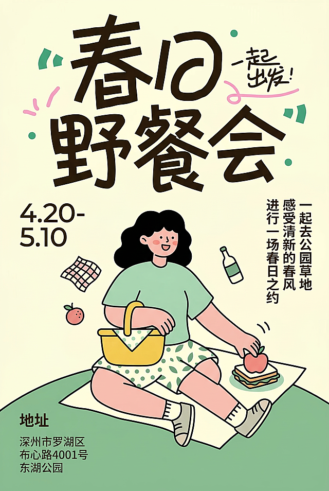 同类型春日活动海报，极简涂鸦插画风格，粗体手绘字体，暖黄浅绿清新配色，可爱卡通扁平人物，活泼出游主题，保持和参考图一致的设计风格