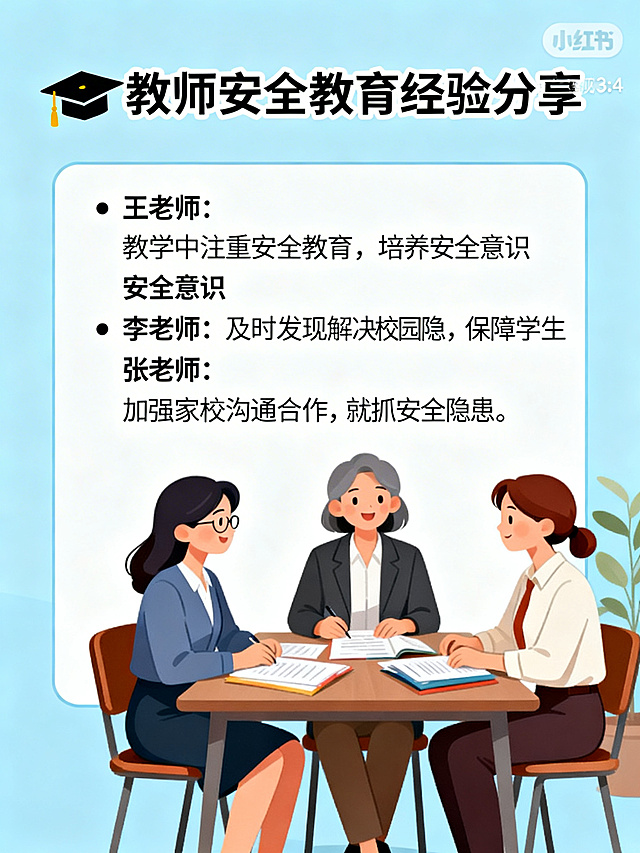小红书3:4竖版宣传图，教师安全教育经验分享主题，浅蓝色背景。顶部标题"教师安全教育经验分享"配博士帽图标。左侧文字框内容："• 王老师：教学中注重安全教育，培养安全意识\n• 李老师：及时发现解决校园安全隐患，保障学生安全\n• 张老师：加强家校沟通合作，共抓安全教育"，右侧插画为三位老师围坐在一起交流经验，桌上摆放着安全教学资料，风格扁平温馨，突出教师的专业与责任，适合教师课件推广
