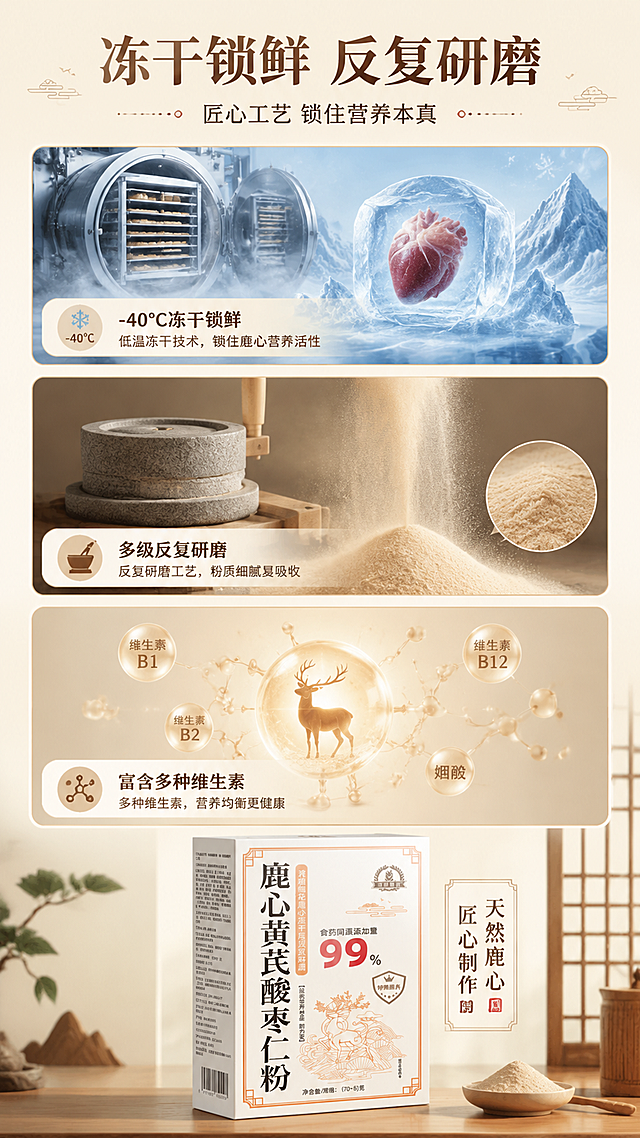 [第4屏] 详情页工艺品质-冻干反复研磨工艺+多种维生素营养。本屏使用【图1】作为产品主体。
[氛围/风格] 匠心工艺感，中式传统与现代科技结合，专业可信。
[元素布局] 画面采用三图纵向拼接+底部产品展示结构：上图为冻干设备/低温环境示意（冰晶+鹿心的抽象表达），中图为研磨工艺（石磨/精细粉末流动），下图为营养成分示意（多种维生素分子结构简约图形）；最底部横放产品包装盒占屏约20%。
[光影质感] 每张小图独立打光，上冷下暖渐变，整体光线均匀专业。
[配色色系] 全局底色 #F5EFE0（米白宣纸色）；主色赭石棕 #8B4513；辅助色浅蓝 #7BA3B8（科技感点缀）、暖金 #C9A962。
[视角构图] 纵向三段式构图，阅读动线从上至下依次浏览工艺步骤，最后落到产品。
[文字版式] 顶部主标题「冻干锁鲜 反复研磨」宋体大字；每段工艺图下方配说明标签「-40℃冻干锁鲜」「多级反复研磨」「富含多种维生素」；底部产品旁标注「天然鹿心 匠心制作」；字色统一赭石棕+墨色。
[比例分辨率] 9:16 竖版比例，4K 分辨率，文字清晰可辨，高清画质。
[负向提示词] 包装变形，文字错乱，工业设备过多，水印，颜色偏差，医疗化表达。