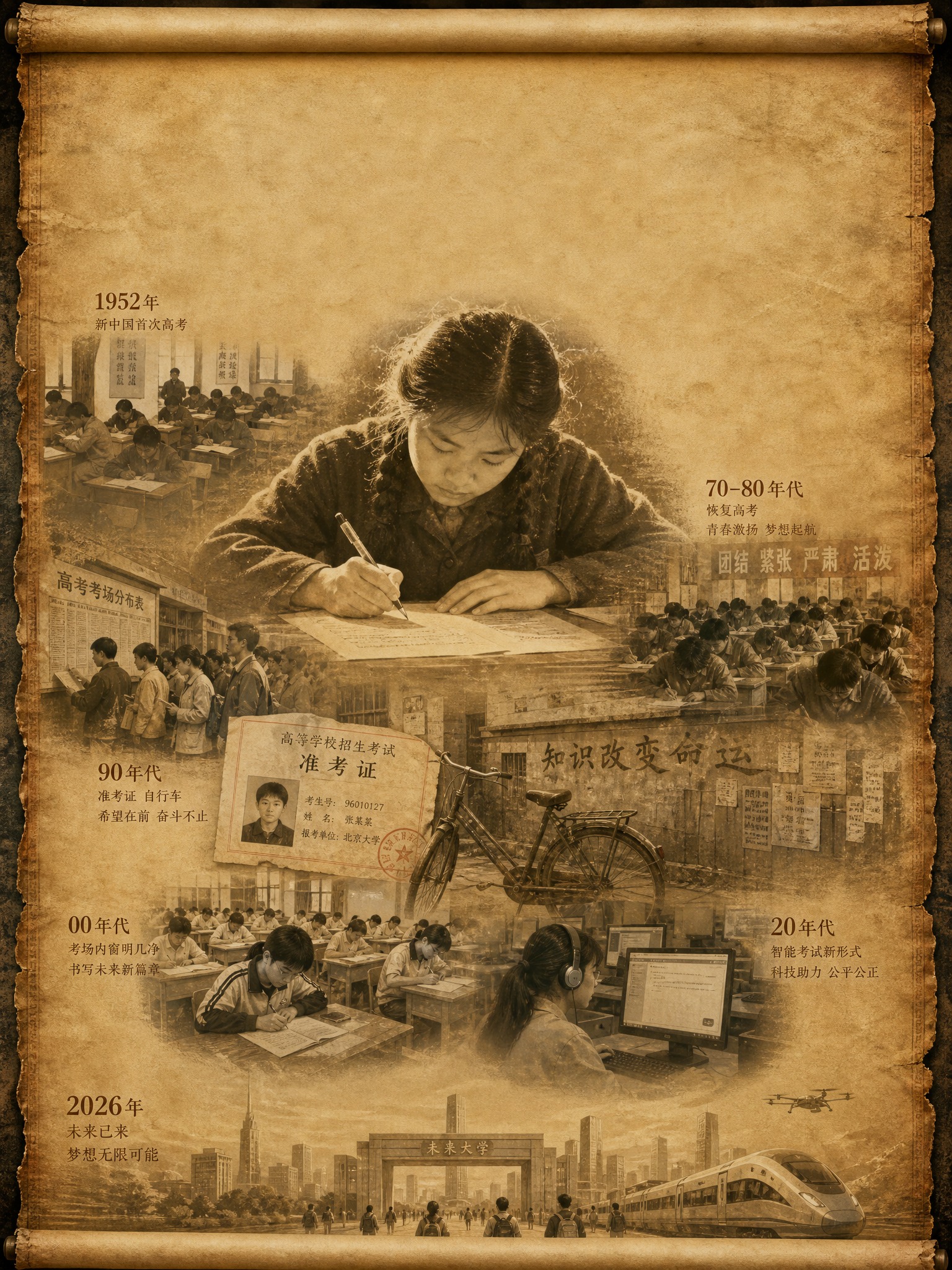 竖向3:4构图的高考历史画卷封面。画面中央偏上位置是一张突出的… - 图片创意预览