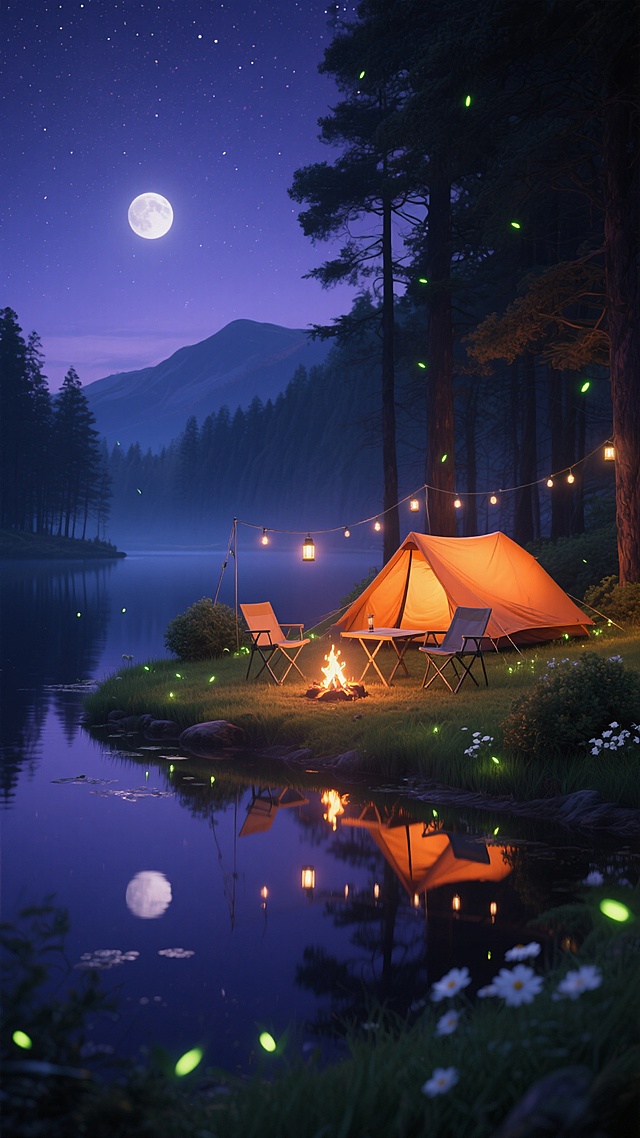 夜晚森林湖畔露营场景，橙色帐篷搭建在湖边草地，周围点缀着发光萤火虫和悬挂的露营灯，湖面倒映着皎洁的月光和周围树木的剪影，远处是朦胧的山峦轮廓，天空中繁星点点，草地上有低矮的灌木和零星的白色野花，帐篷旁摆放着折叠桌椅和一个小型篝火堆，火焰散发着温暖的光芒，整体色调以深蓝、紫色和橙色为主，营造出神秘而温馨的夜间露营氛围，高清写实风格，光影对比强烈，细节丰富。